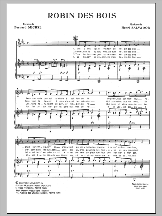 Download Henri Salvador Robin Des Bois Sheet Music and learn how to play Piano & Vocal PDF digital score in minutes