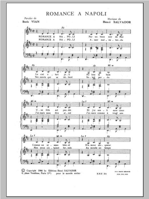 Download Henri Salvador Romance A Napoli Sheet Music and learn how to play Piano & Vocal PDF digital score in minutes