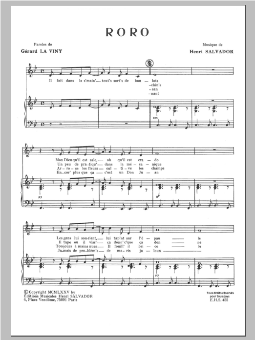Download Henri Salvador Roro Sheet Music and learn how to play Piano & Vocal PDF digital score in minutes