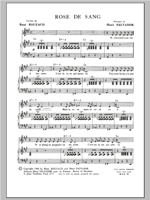 Download Henri Salvador Rose De Sang Sheet Music and learn how to play Piano & Vocal PDF digital score in minutes
