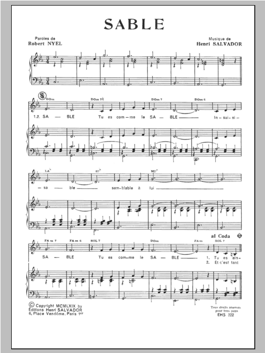 Download Henri Salvador Sable Sheet Music and learn how to play Piano & Vocal PDF digital score in minutes