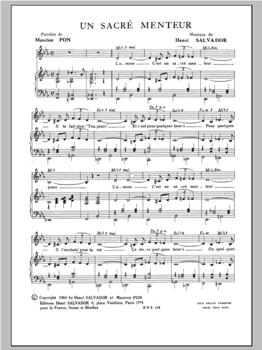 Download Henri Salvador Sacre Menteur Sheet Music and learn how to play Piano & Vocal PDF digital score in minutes