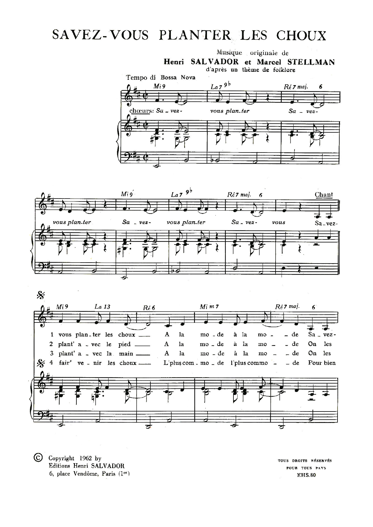 Download Henri Salvador Savez-Vous Planter Les Choux? Sheet Music and learn how to play Piano & Vocal PDF digital score in minutes