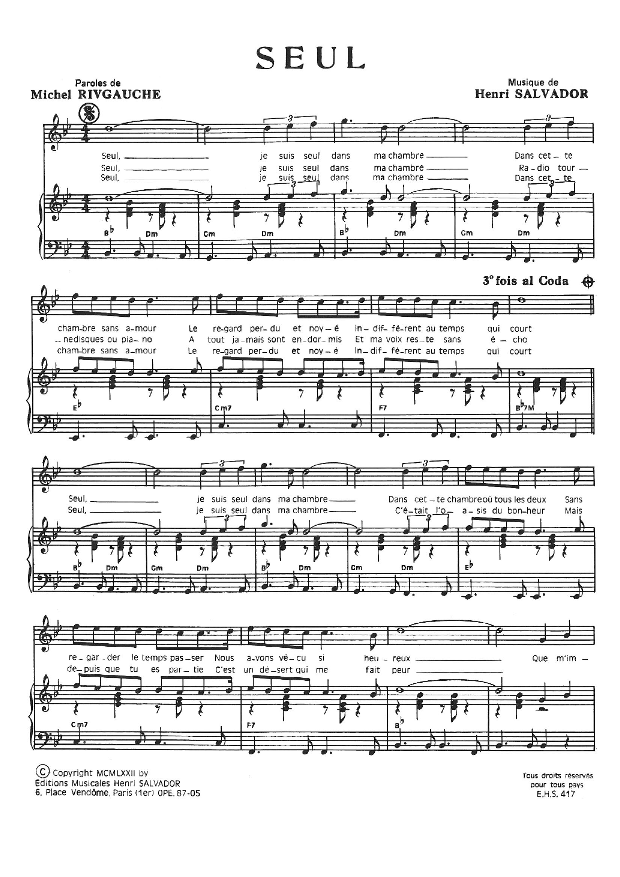 Download Henri Salvador Seul Sheet Music and learn how to play Piano & Vocal PDF digital score in minutes