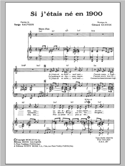 Download Henri Salvador Si J'etais Ne En 1900 Sheet Music and learn how to play Piano & Vocal PDF digital score in minutes