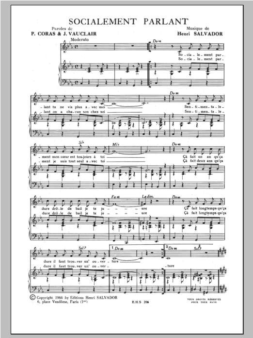 Download Henri Salvador Socialement Parlant Sheet Music and learn how to play Piano & Vocal PDF digital score in minutes