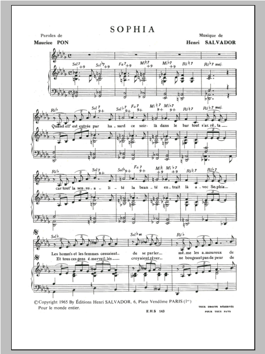 Download Henri Salvador Sophia Sheet Music and learn how to play Piano & Vocal PDF digital score in minutes