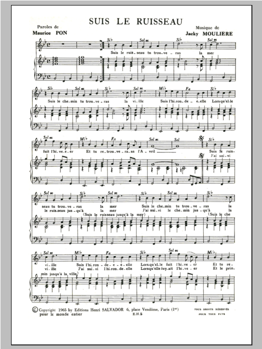 Download Henri Salvador Suis Le Ruisseau Sheet Music and learn how to play Piano & Vocal PDF digital score in minutes