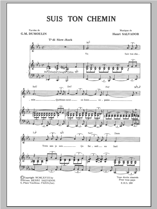 Download Henri Salvador Suis Ton Chemin Sheet Music and learn how to play Piano & Vocal PDF digital score in minutes