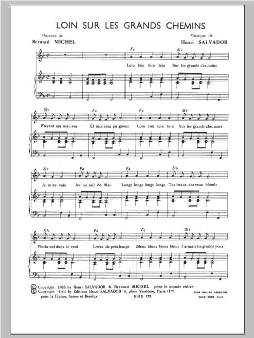 Download Henri Salvador Sur Les Grands Chemins Sheet Music and learn how to play Piano & Vocal PDF digital score in minutes