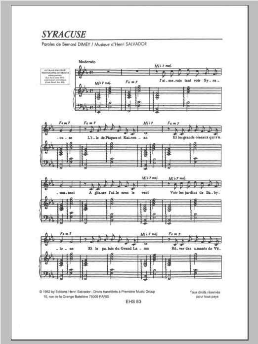 Download Henri Salvador Syracuse Sheet Music and learn how to play Piano & Vocal PDF digital score in minutes