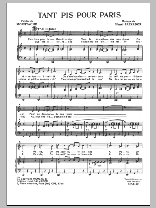 Download Henri Salvador Tant Pis Pour Paris Sheet Music and learn how to play Piano & Vocal PDF digital score in minutes