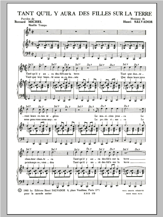 Download Henri Salvador Tant Qu'il Y Aura Des Filles Sur La Terre Sheet Music and learn how to play Piano & Vocal PDF digital score in minutes