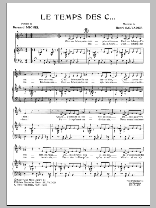 Download Henri Salvador Temps Des C Sheet Music and learn how to play Piano & Vocal PDF digital score in minutes