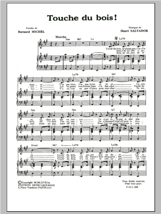 Download Henri Salvador Touche Du Bois Sheet Music and learn how to play Piano & Vocal PDF digital score in minutes