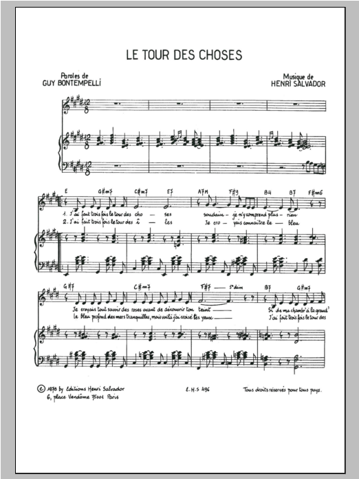 Download Henri Salvador Tour Des Choses Sheet Music and learn how to play Piano & Vocal PDF digital score in minutes
