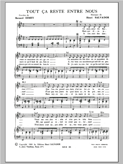 Download Henri Salvador Tout Ca Reste Entre Nous Sheet Music and learn how to play Piano & Vocal PDF digital score in minutes
