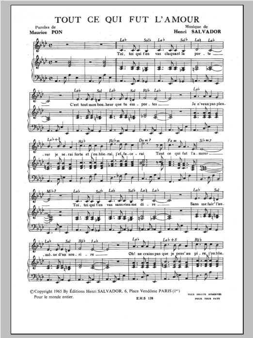 Download Henri Salvador Tout Ce Qui Fut L'amour Sheet Music and learn how to play Piano & Vocal PDF digital score in minutes