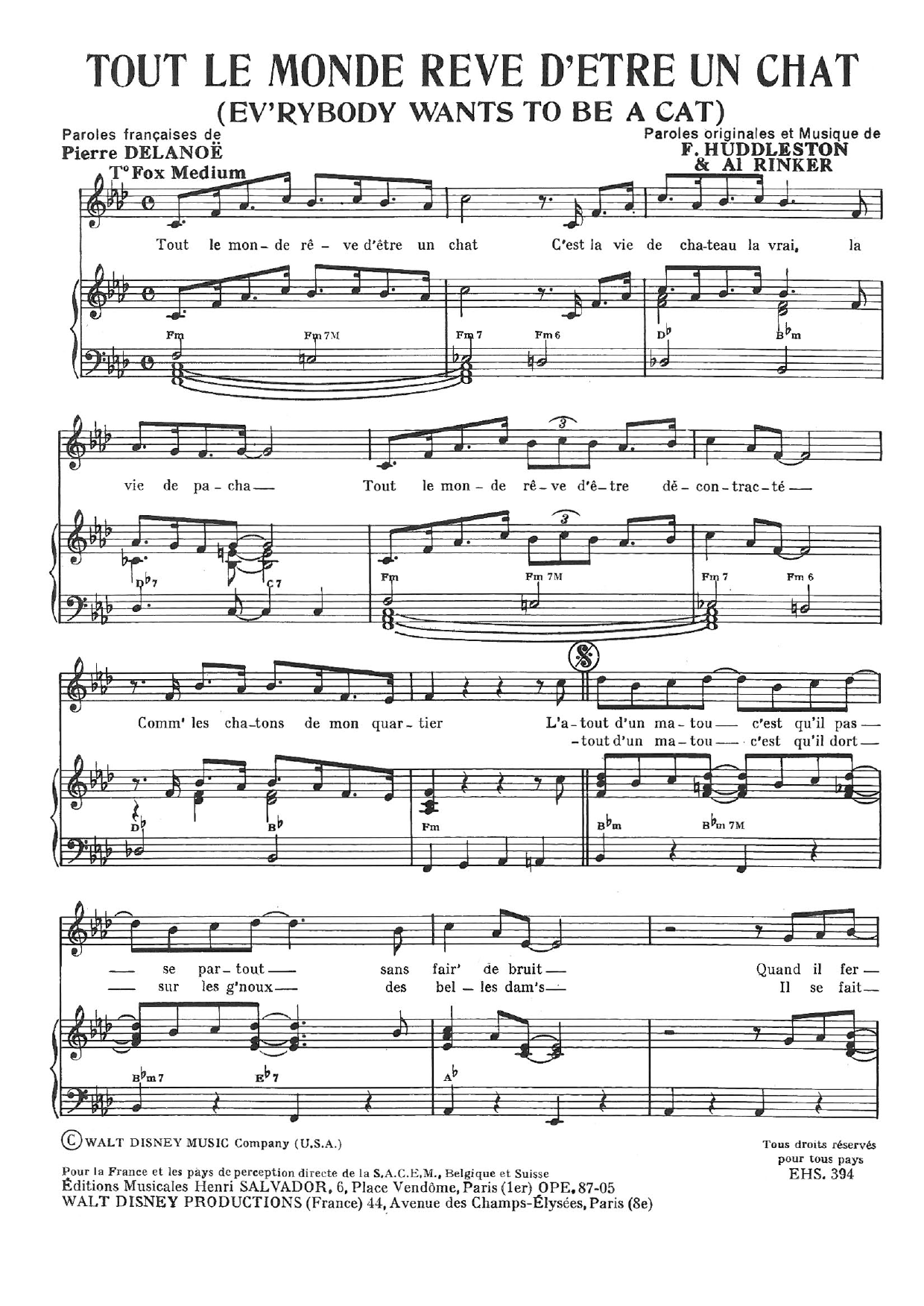 Download Henri Salvador Tout Le Monde Reve D'etre Un Chat Sheet Music and learn how to play Piano & Vocal PDF digital score in minutes