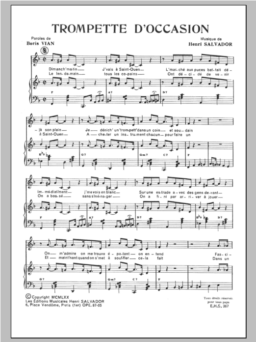 Download Henri Salvador Trompette D'occasion Sheet Music and learn how to play Piano & Vocal PDF digital score in minutes
