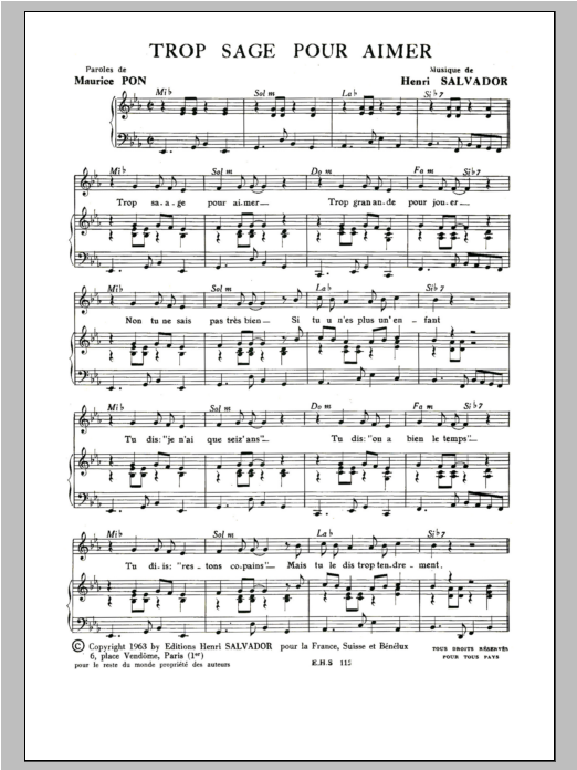 Download Henri Salvador Trop Sage Pour Aimer Sheet Music and learn how to play Piano & Vocal PDF digital score in minutes