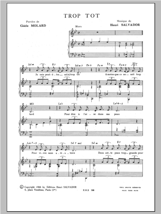 Download Henri Salvador Trop Tot Sheet Music and learn how to play Piano & Vocal PDF digital score in minutes