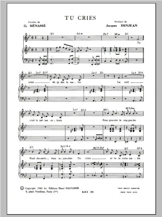 Download Henri Salvador Tu Cries Sheet Music and learn how to play Piano & Vocal PDF digital score in minutes