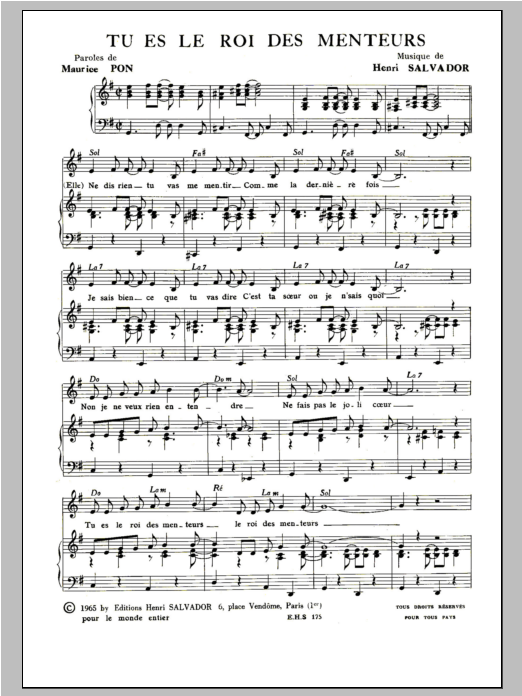 Download Henri Salvador Tu Es Le Roi Des Menteurs Sheet Music and learn how to play Piano & Vocal PDF digital score in minutes