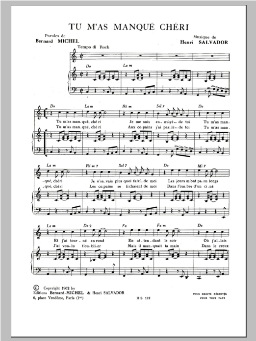 Download Henri Salvador Tu M'as Manque Cherie Sheet Music and learn how to play Piano & Vocal PDF digital score in minutes