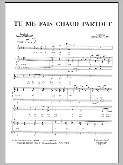 Download Henri Salvador Tu Me Fais Chaud Partout Sheet Music and learn how to play Piano & Vocal PDF digital score in minutes