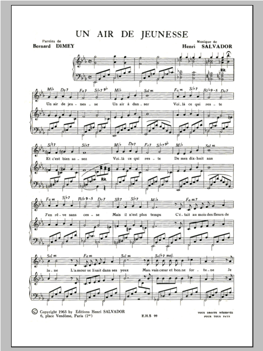 Download Henri Salvador Un Air De Jeunesse Sheet Music and learn how to play Piano & Vocal PDF digital score in minutes