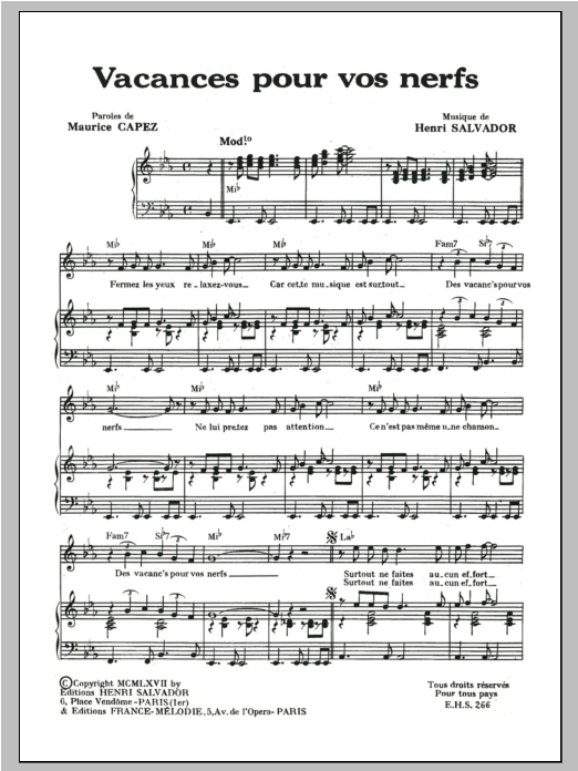 Download Henri Salvador Vacances Pour Vos Nerfs Sheet Music and learn how to play Piano & Vocal PDF digital score in minutes