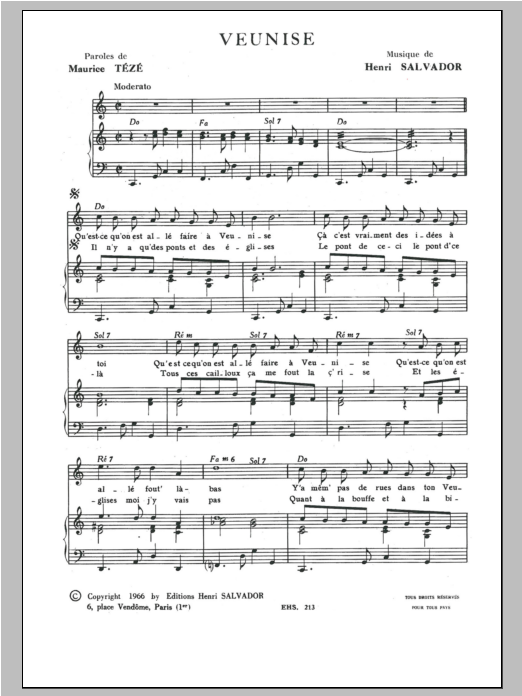 Download Henri Salvador Veunise Sheet Music and learn how to play Piano & Vocal PDF digital score in minutes