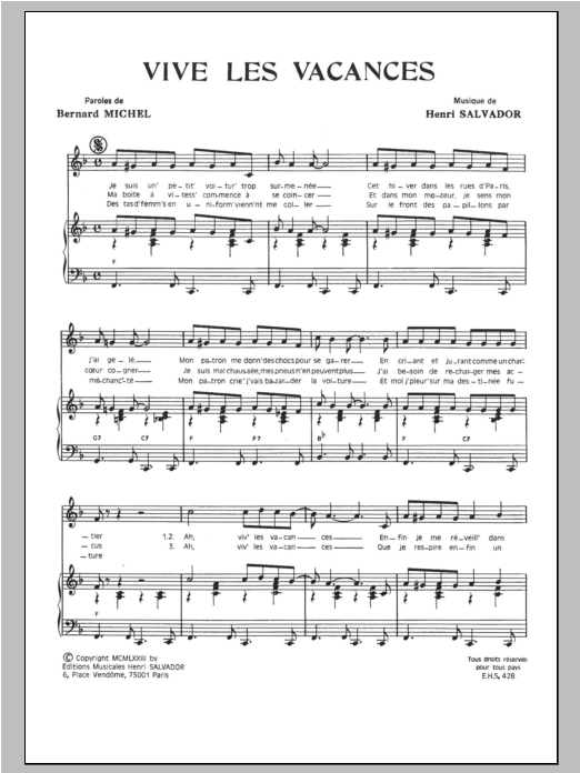 Download Henri Salvador Vive Les Vacances Sheet Music and learn how to play Piano & Vocal PDF digital score in minutes
