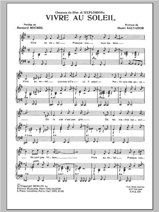 Download Henri Salvador Vivre Au Soleil Sheet Music and learn how to play Piano & Vocal PDF digital score in minutes
