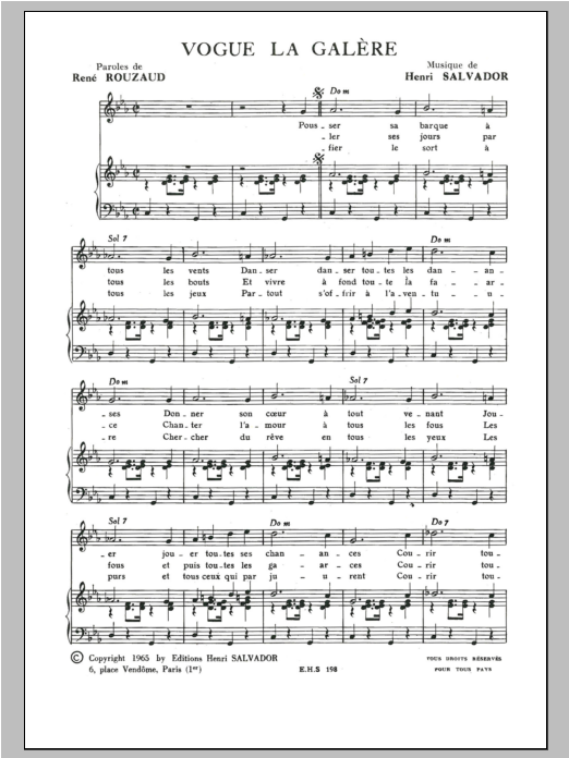 Download Henri Salvador Vogue La Galere Sheet Music and learn how to play Piano & Vocal PDF digital score in minutes