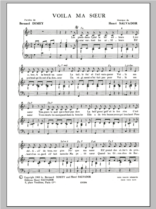 Download Henri Salvador Voila Ma Soeur Sheet Music and learn how to play Piano & Vocal PDF digital score in minutes