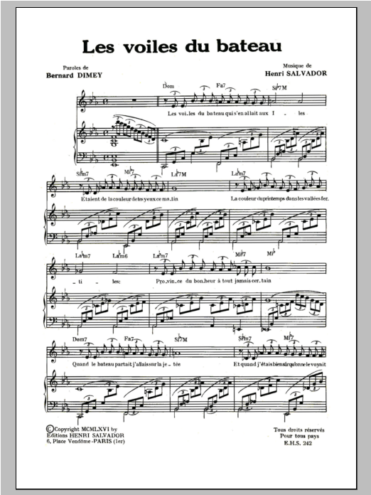 Download Henri Salvador Voiles Du Bateau Sheet Music and learn how to play Piano & Vocal PDF digital score in minutes