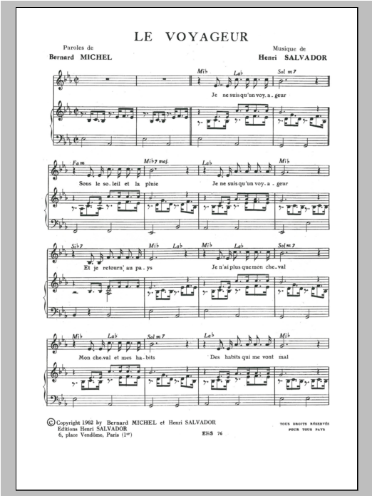 Download Henri Salvador Voyageur Sheet Music and learn how to play Piano & Vocal PDF digital score in minutes