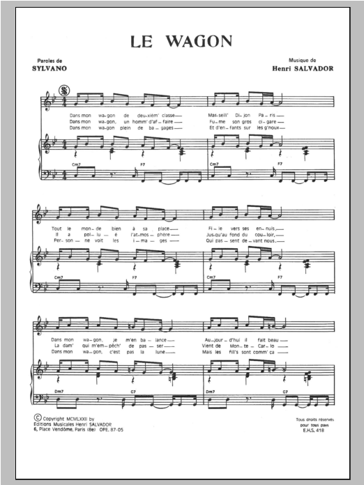 Download Henri Salvador Wagon Sheet Music and learn how to play Piano & Vocal PDF digital score in minutes