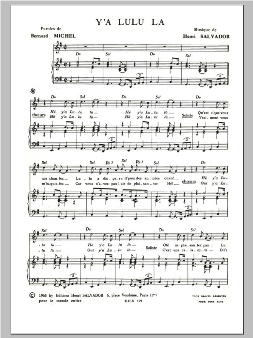 Download Henri Salvador Y A Lulu La Sheet Music and learn how to play Piano & Vocal PDF digital score in minutes