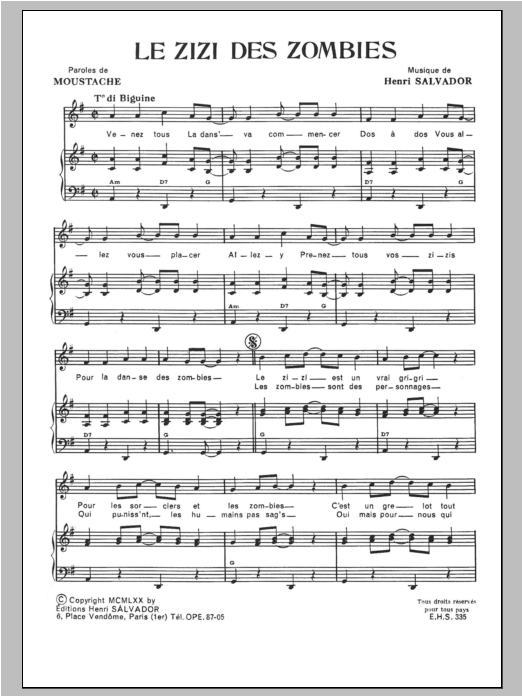 Download Henri Salvador Zizi Des Zombies Sheet Music and learn how to play Piano & Vocal PDF digital score in minutes