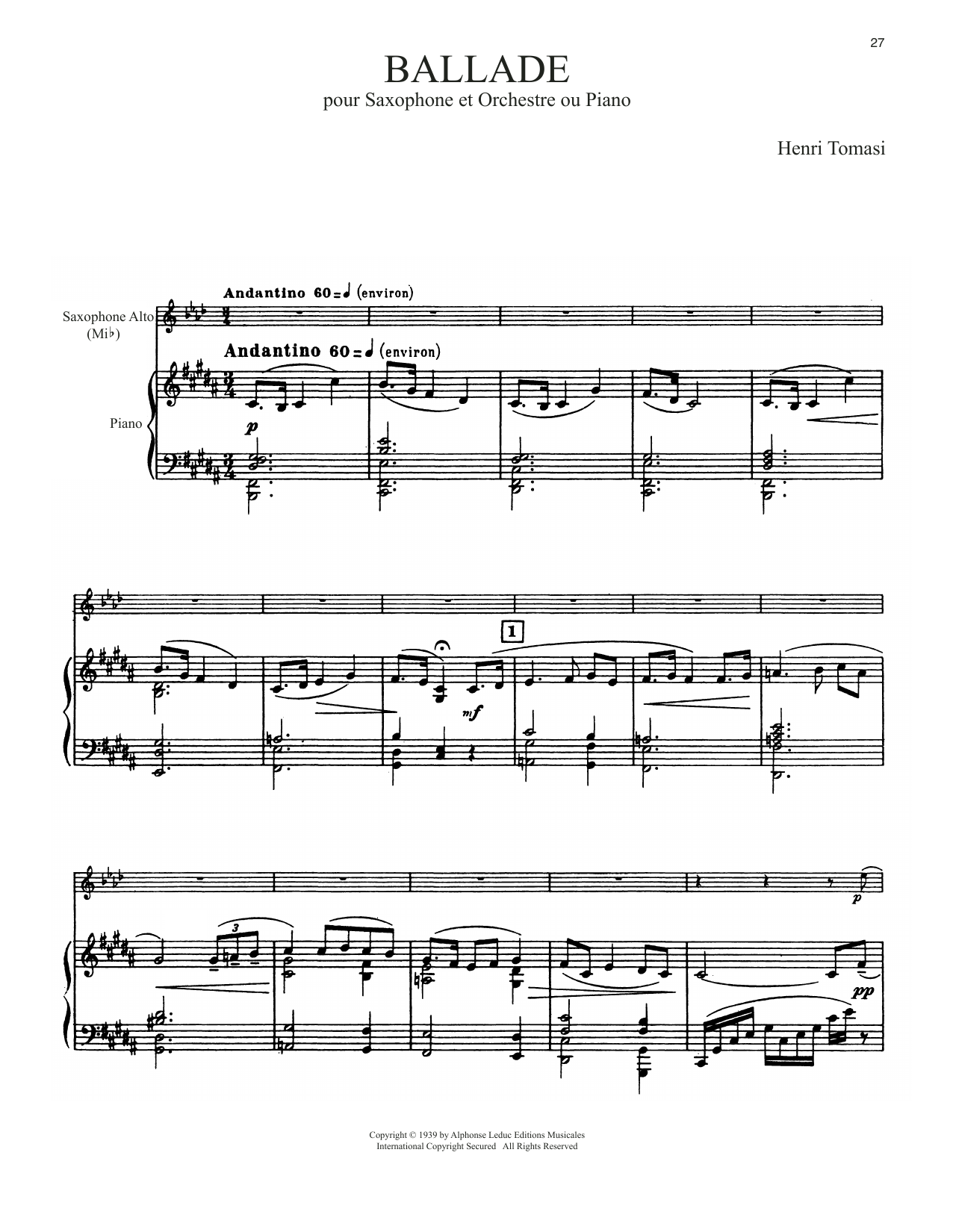 Download Henri Tomasi Ballade Sheet Music and learn how to play Alto Sax and Piano PDF digital score in minutes