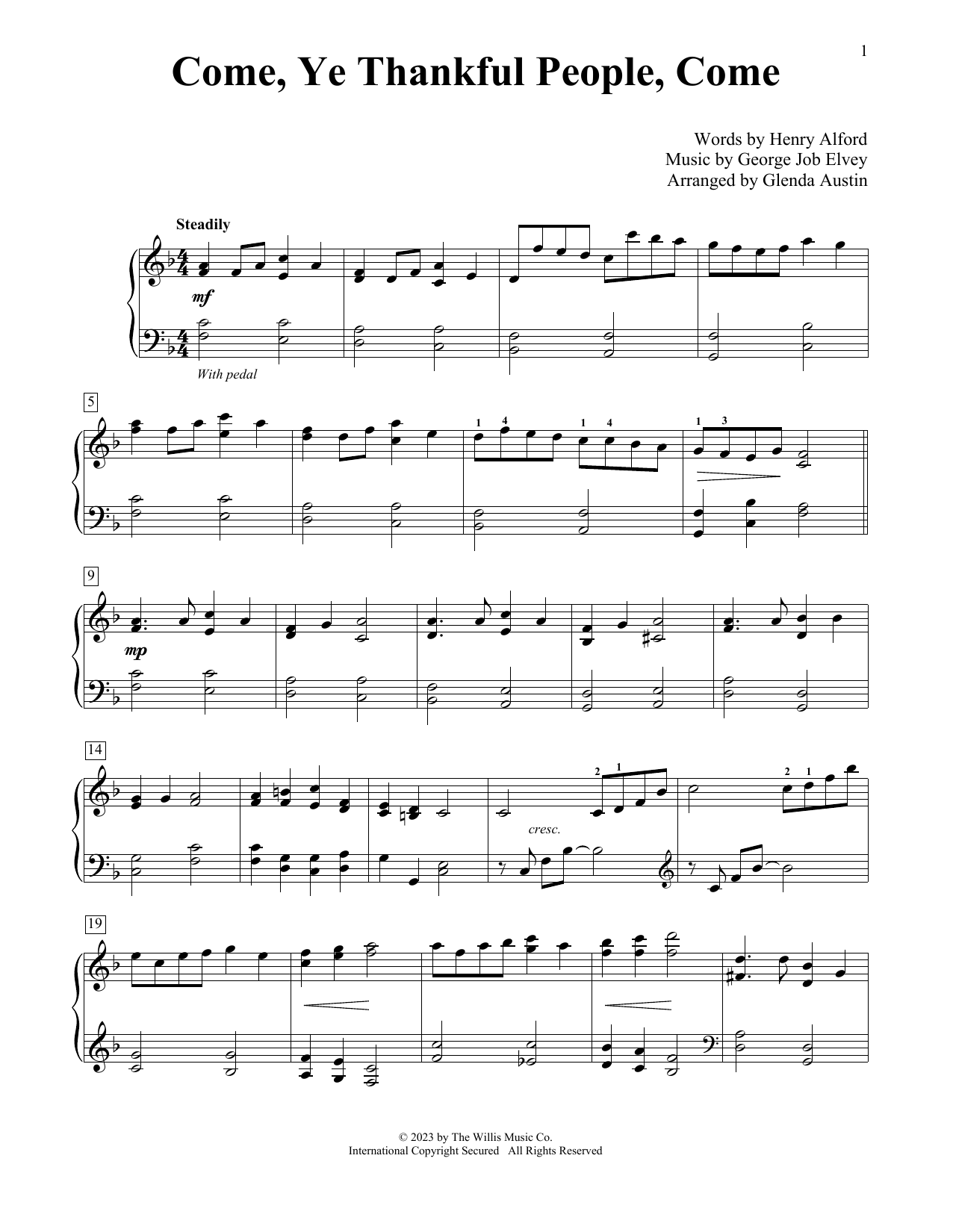 Download Henry Alford and George Job Elvey Come, Ye Thankful People, Come (arr. Glenda Austin) Sheet Music and learn how to play Educational Piano PDF digital score in minutes