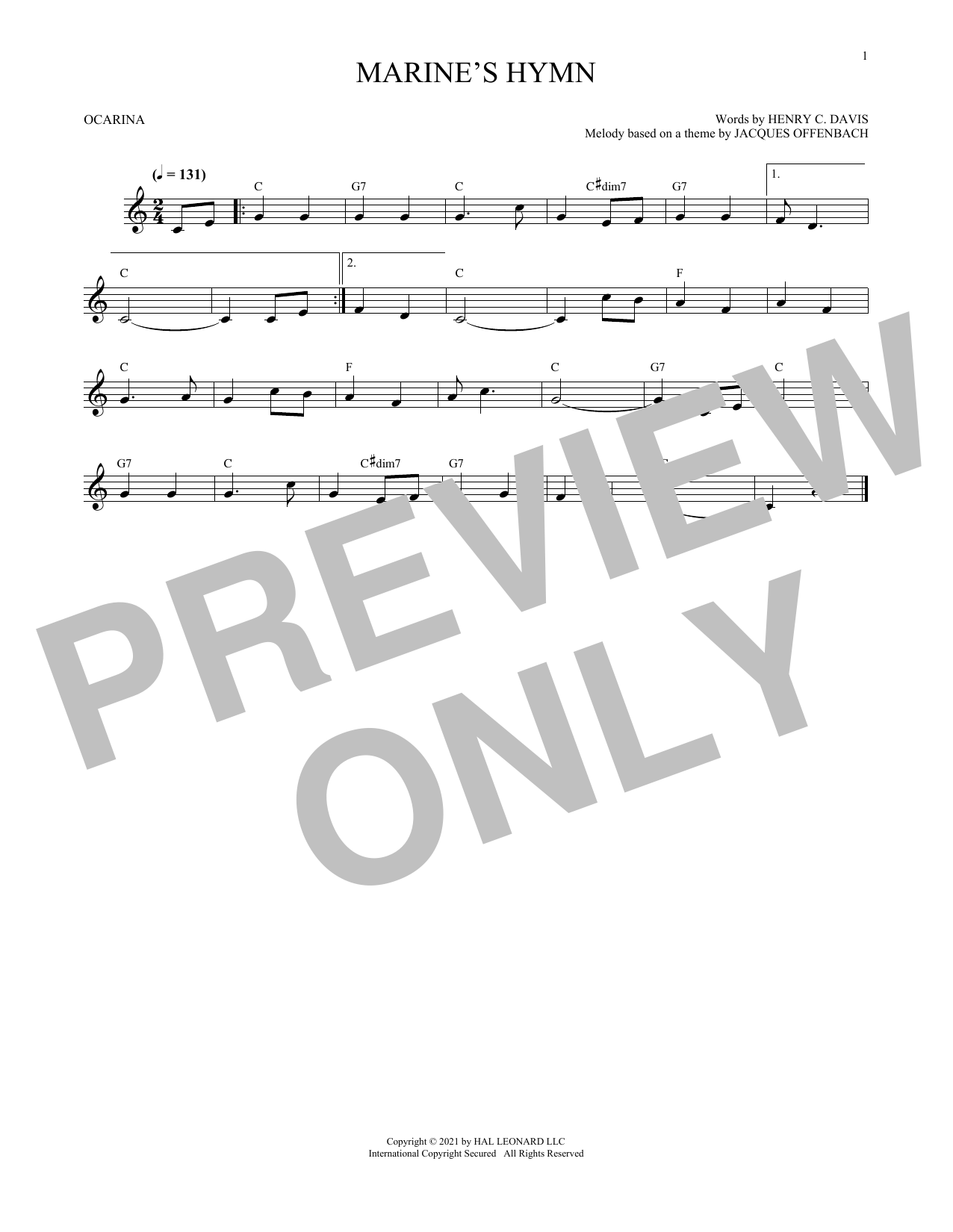 Download Henry C. Davis Marine's Hymn (arr. Cris Gale) Sheet Music and learn how to play Ocarina PDF digital score in minutes