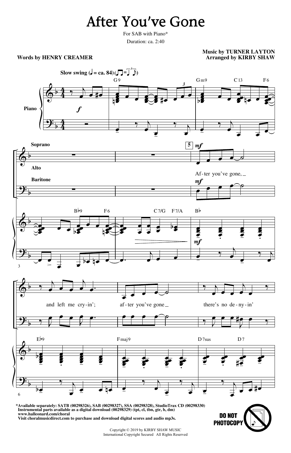 Download Henry Creamer and Turner Layton After You've Gone (from One Mo' Time) (arr. Kirby Shaw) Sheet Music and learn how to play SATB Choir PDF digital score in minutes