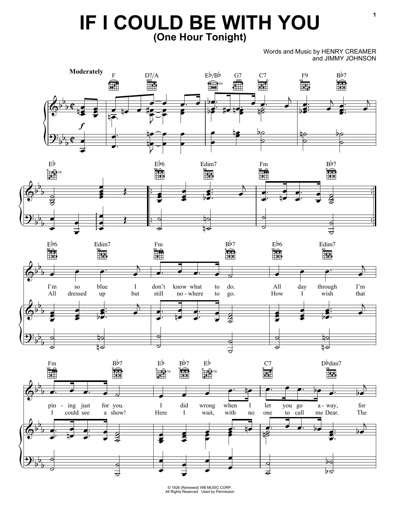 Download Henry Creamer If I Could Be With You (One Hour Tonight) Sheet Music and learn how to play Piano, Vocal & Guitar (Right-Hand Melody) PDF digital score in minutes