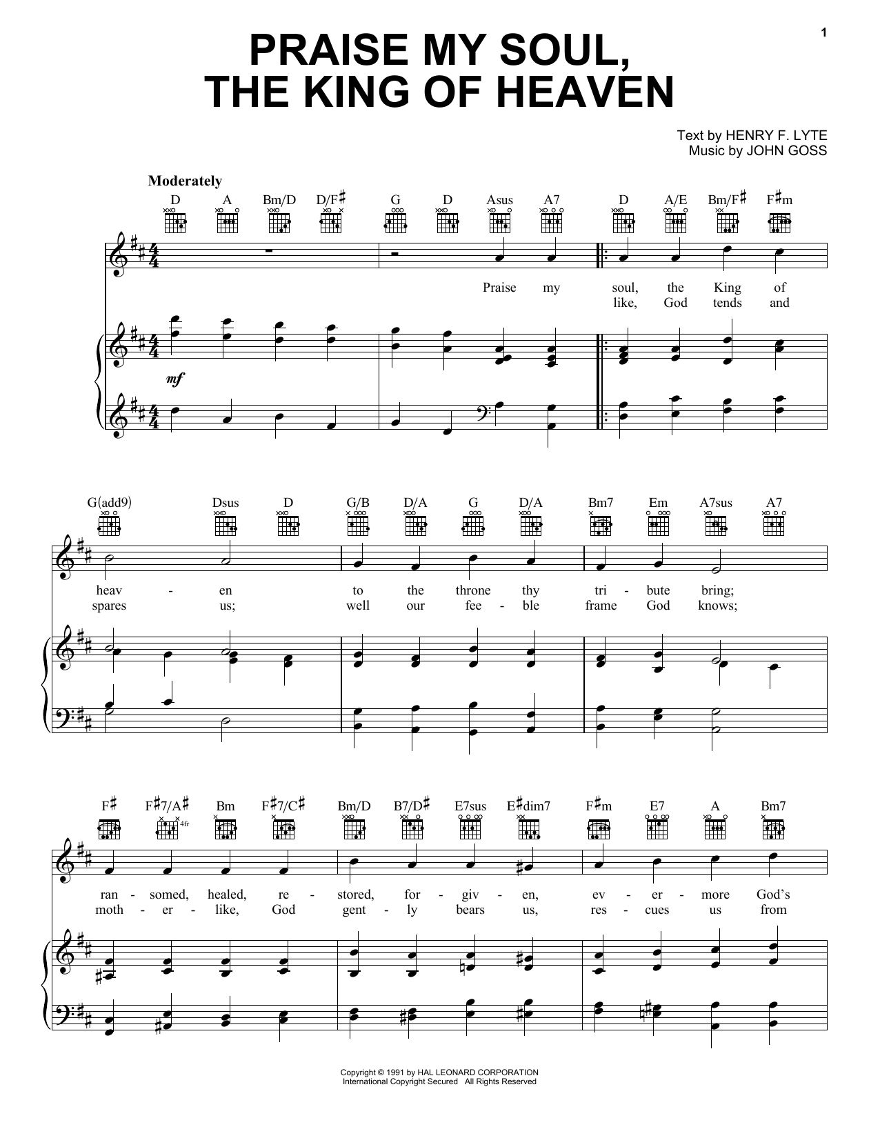 Download Henry F. Lyte Praise, My Soul, The King Of Heaven Sheet Music and learn how to play Piano, Vocal & Guitar Chords (Right-Hand Melody) PDF digital score in minutes