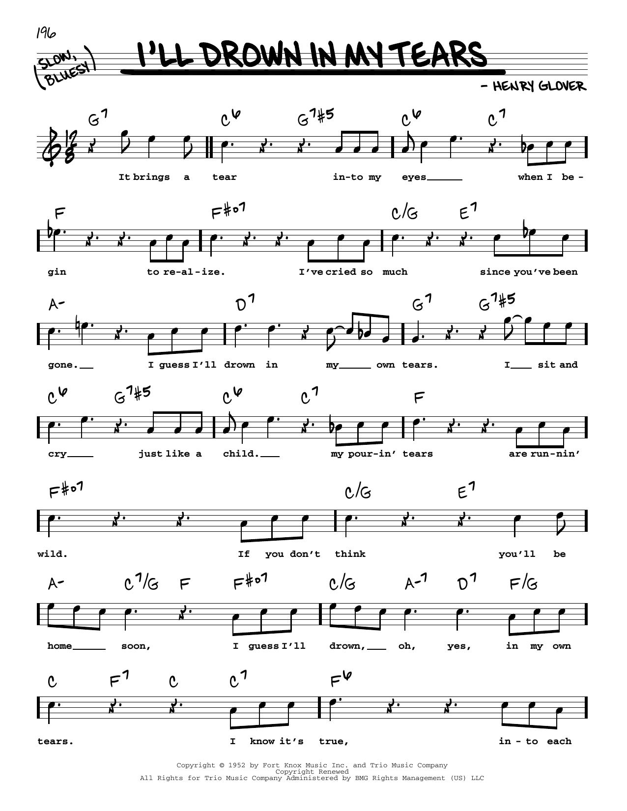 Download Henry Glover I'll Drown In My Tears Sheet Music and learn how to play Real Book – Melody, Lyrics & Chords PDF digital score in minutes