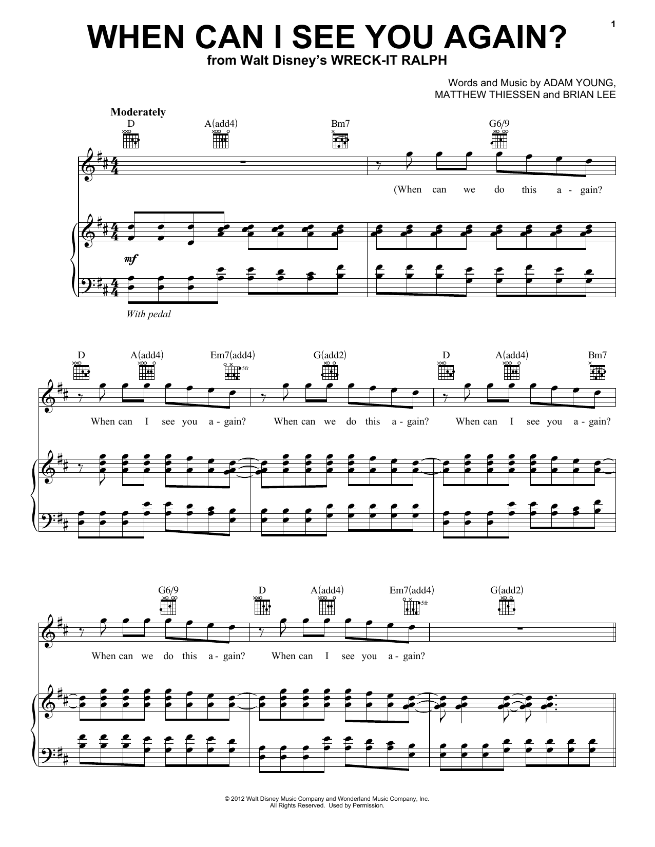 Download Henry Jackman When Can I See You Again? Sheet Music and learn how to play Piano, Vocal & Guitar (Right-Hand Melody) PDF digital score in minutes